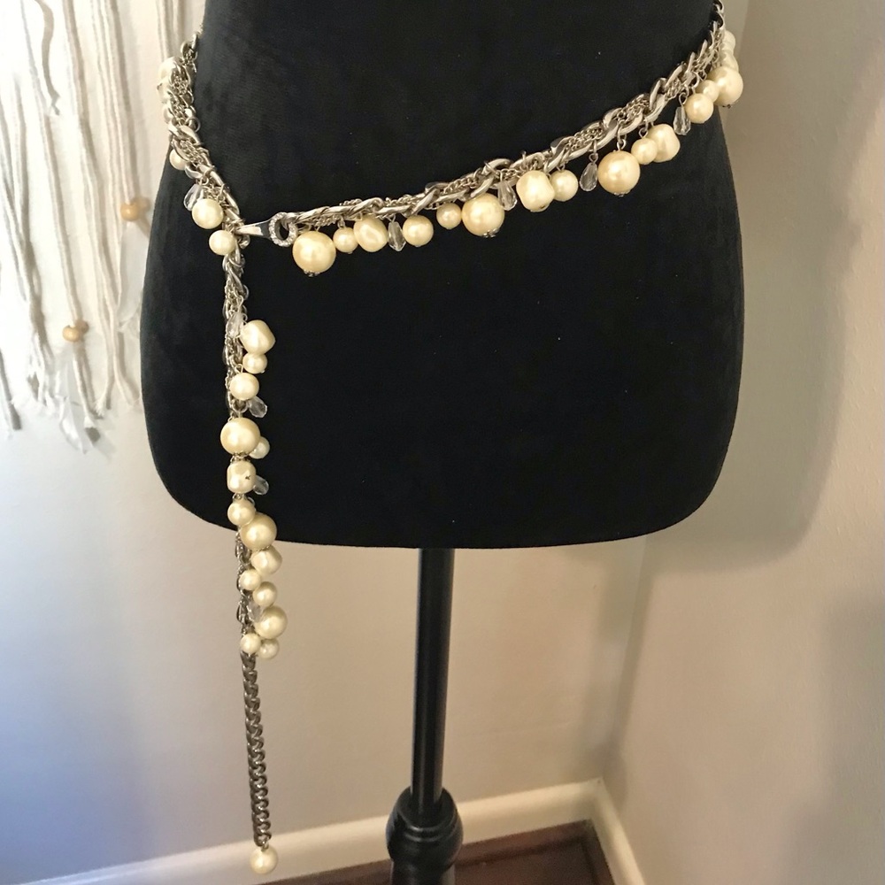 Silver Beaded Chain Drop Pearl Belt